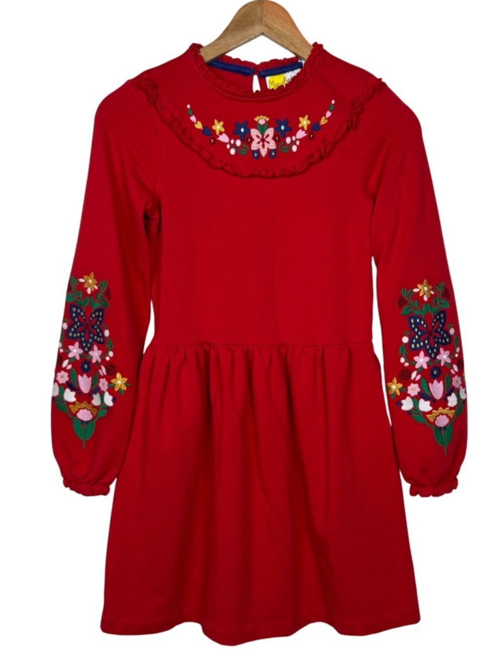 Mini Boden Red Long-Sleeve Dress with Floral Embroidery kids 11-12y holiday